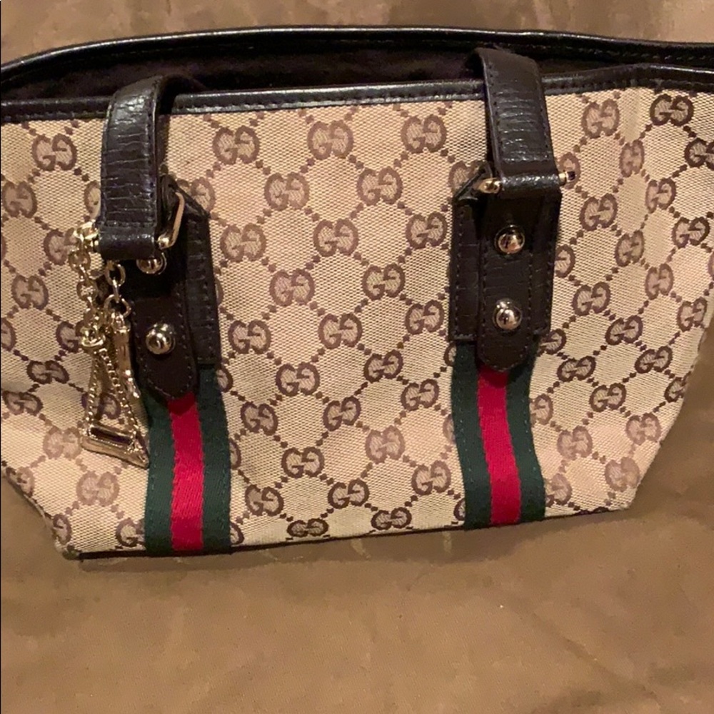 Gucci Monogram Charm Brown Canvas Leather Tote